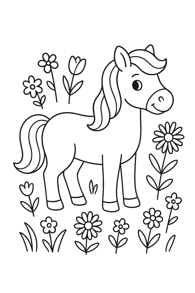 Malvorlage: Pony steht auf einer Blumenwiese, umgeben von Blumen – einfaches Motiv für Kinder.
