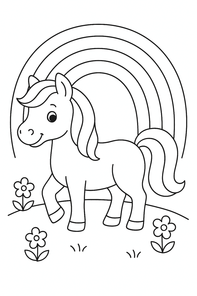 Ausmalbild: Pony mit Regenbogen im Hintergrund, kindgerecht gezeichnet
