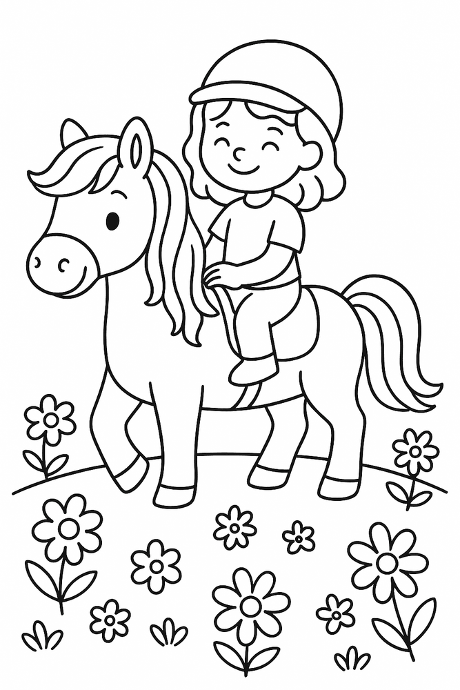 Ausmalbild: Pony trägt Mädchen auf dem Rücken – freundliche Malvorlage für Kinder