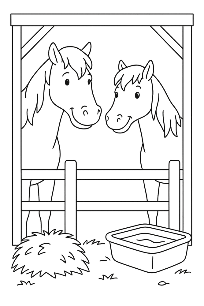 Malvorlage: Amadeus und Sabrina stehen zusammen im Stall, umgeben von Heu und Detail-Elementen für Kinder zum Ausmalen.