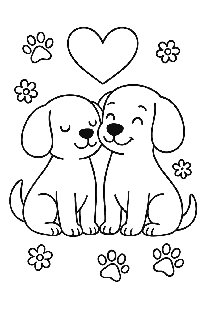 Detailliertes Ausmalbild von zwei verliebten Hunden mit großem Herz für Kinder