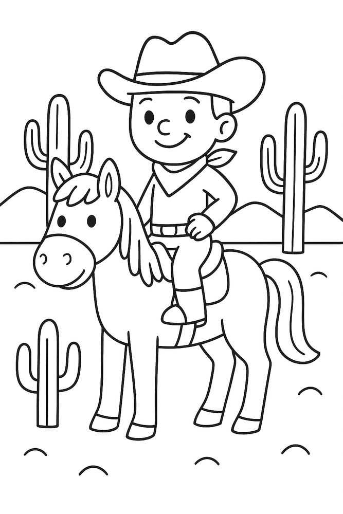 Ausmalbild: Westernpferd mit Cowboy für Kinder – Malvorlage im Westernstil