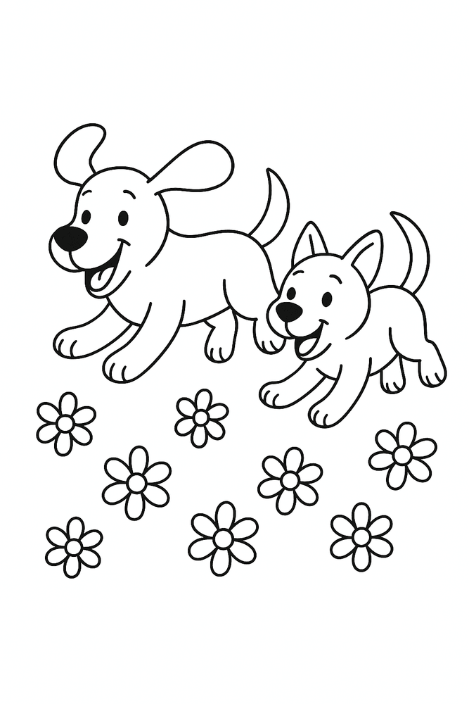 Ausmalbild: Zwei Hunde tollen über eine Wiese