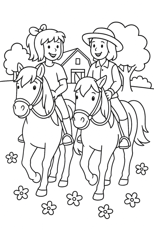 Bibi und Tina reiten nebeneinander auf ihren Pferden über eine Wiese, bereit als Malvorlage zum Ausmalen.