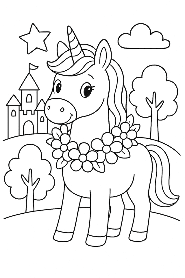 Malvorlage Einhorn mit Blumenkranz – ein freundliches Einhorn mit Blumen um den Hals als Ausmalbild für Kinder.