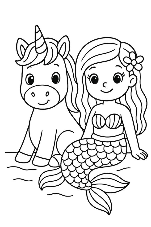 Einhorn und Meerjungfrau als Malvorlage für Kinder – sitzen zusammen am Wasser