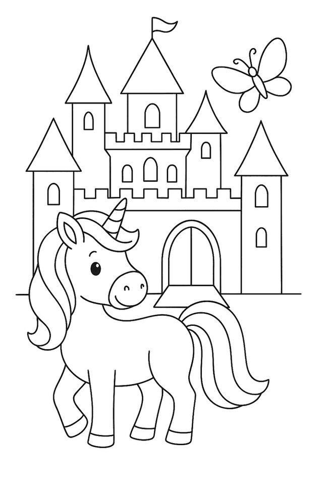 Ausmalbild: Ein Einhorn steht vor einem Schloss mit Türmen und einer Zugbrücke, kindgerecht gezeichnet.