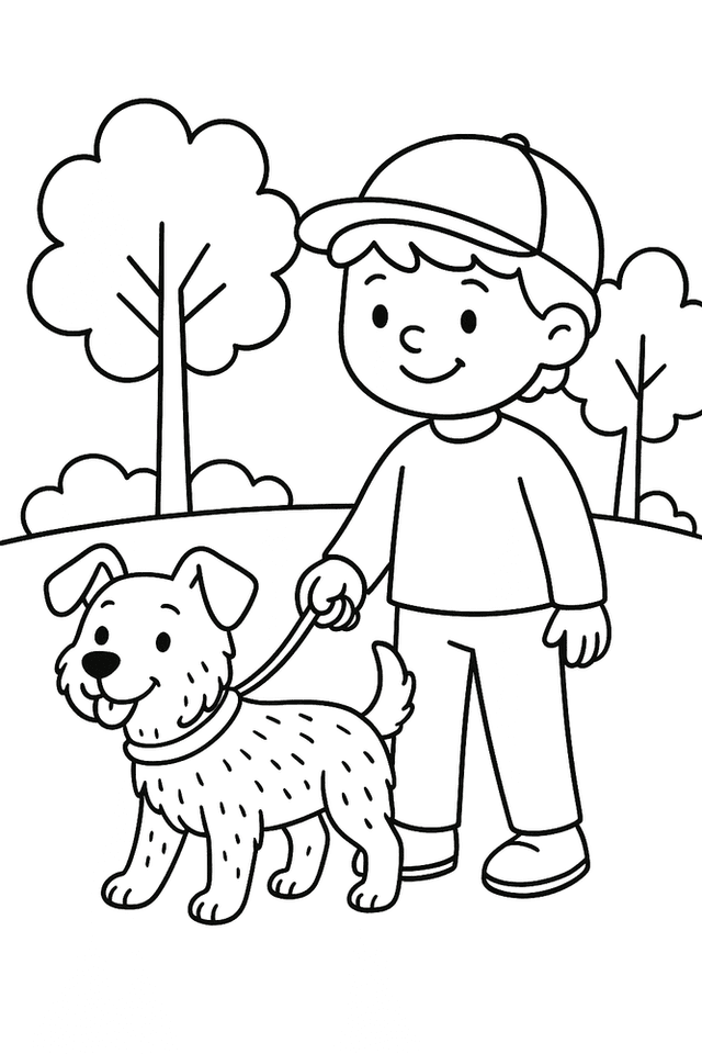 Ausmalbild Hund an der Leine mit Kind zum Ausdrucken
