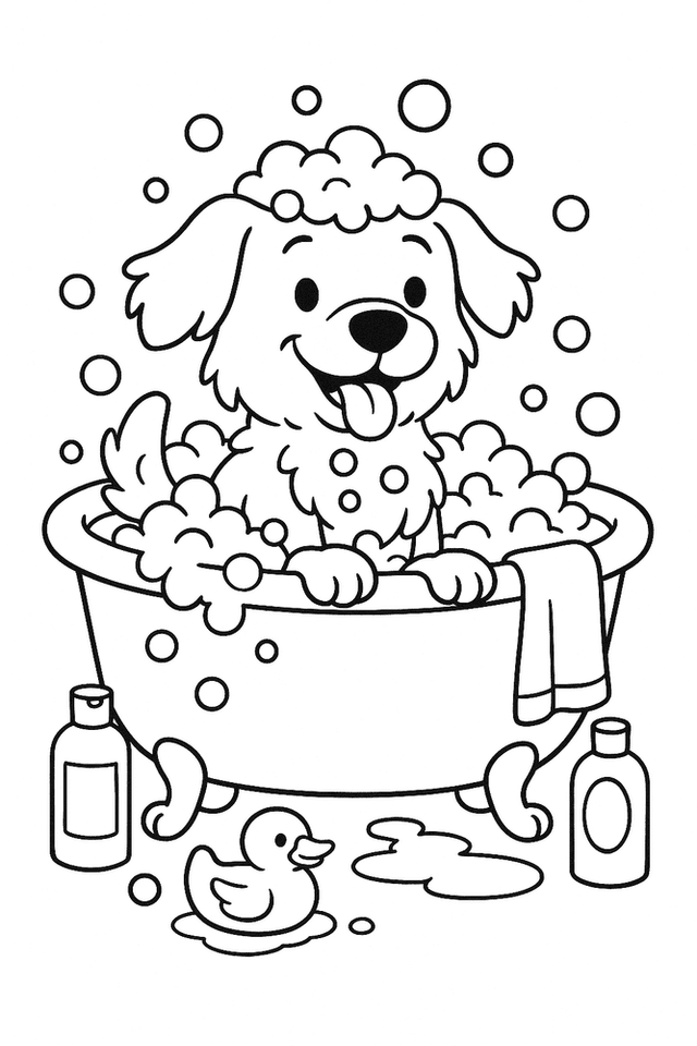 Ausmalbild: Hund beim Baden in der Badewanne, mit Seifenblasen und Badzubehör, viele Details zum Ausmalen