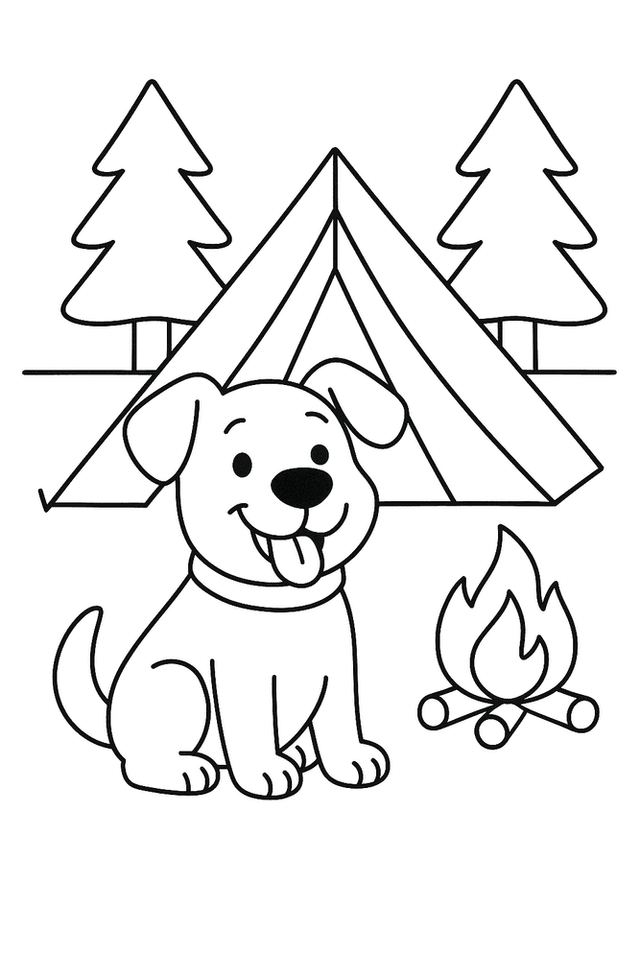 Hund beim Camping als Ausmalbild: Fröhlicher Hund sitzt vor Zelt neben Lagerfeuer, umgeben von Bäumen, Malvorlage für Kinder
