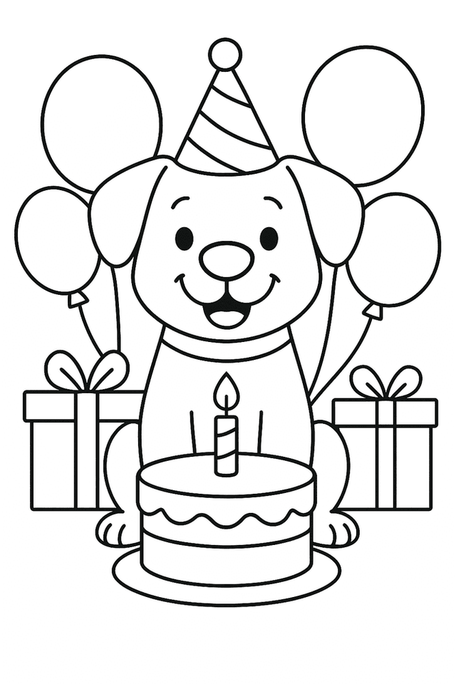 Hund feiert Geburtstag Ausmalbild – Hund mit Partyhut, Torte, Luftballons und Geschenken