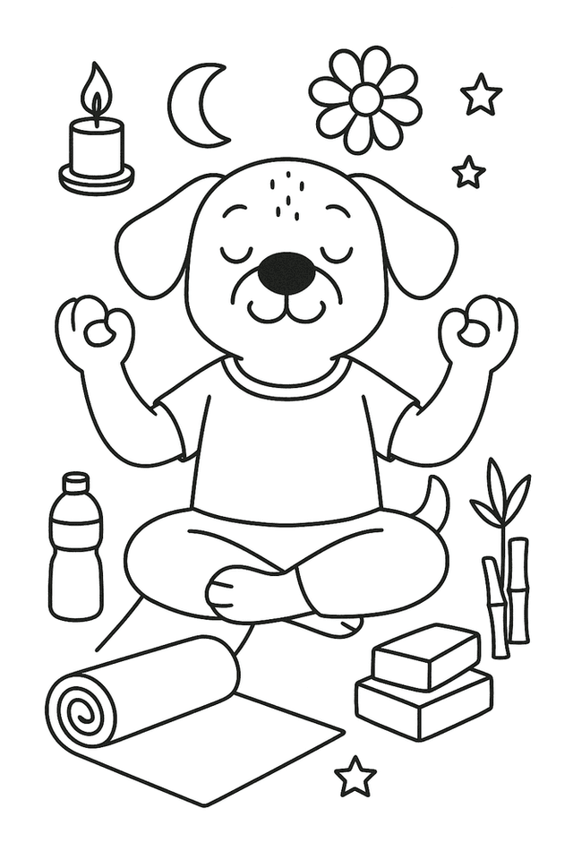 Hund macht Yoga auf einer Matte – Malvorlage zum Ausmalen für Kinder