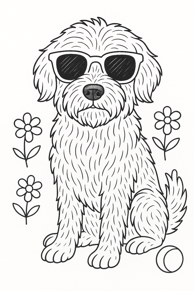 Ausmalbild von einem Hund mit großer Sonnenbrille, detailiert gezeichnet