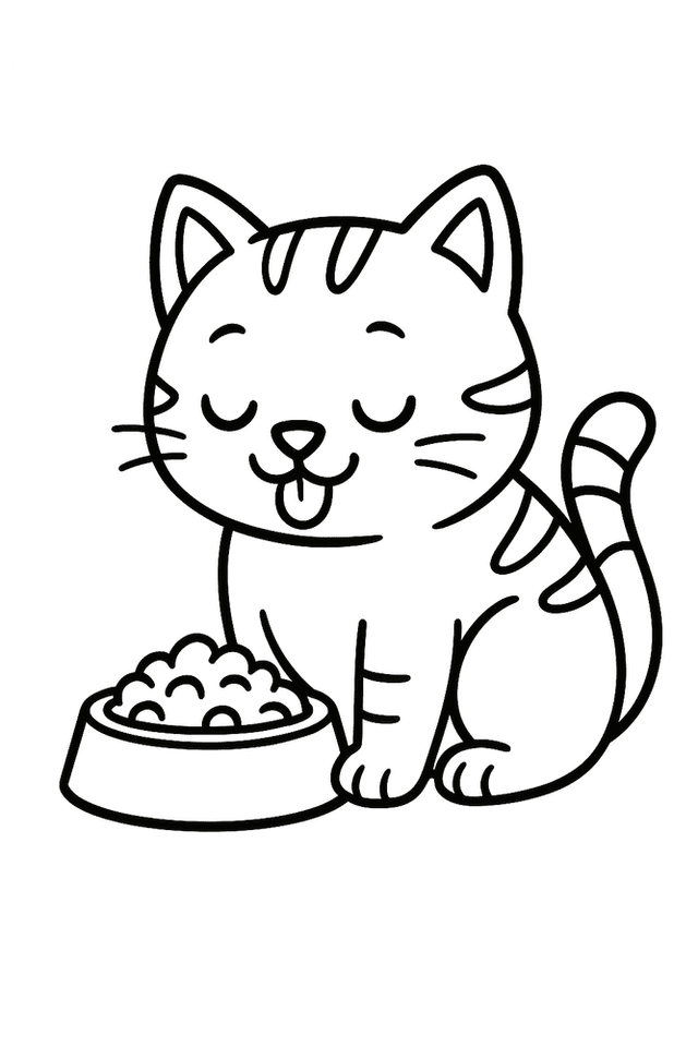 Ausmalbild einer Katze beim Fressen aus einem Napf – Malvorlage, einfach und kinderfreundlich gezeichnet