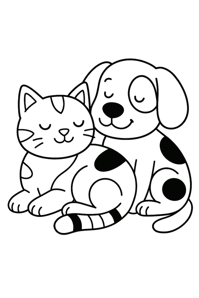 Ausmalbild: Katze kuschelt mit Hund – freundschaftliche Tiere zum Ausmalen