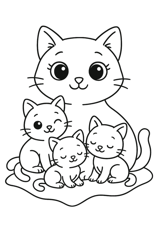 Ausmalbild Katze mit Babykatzen zum Ausmalen