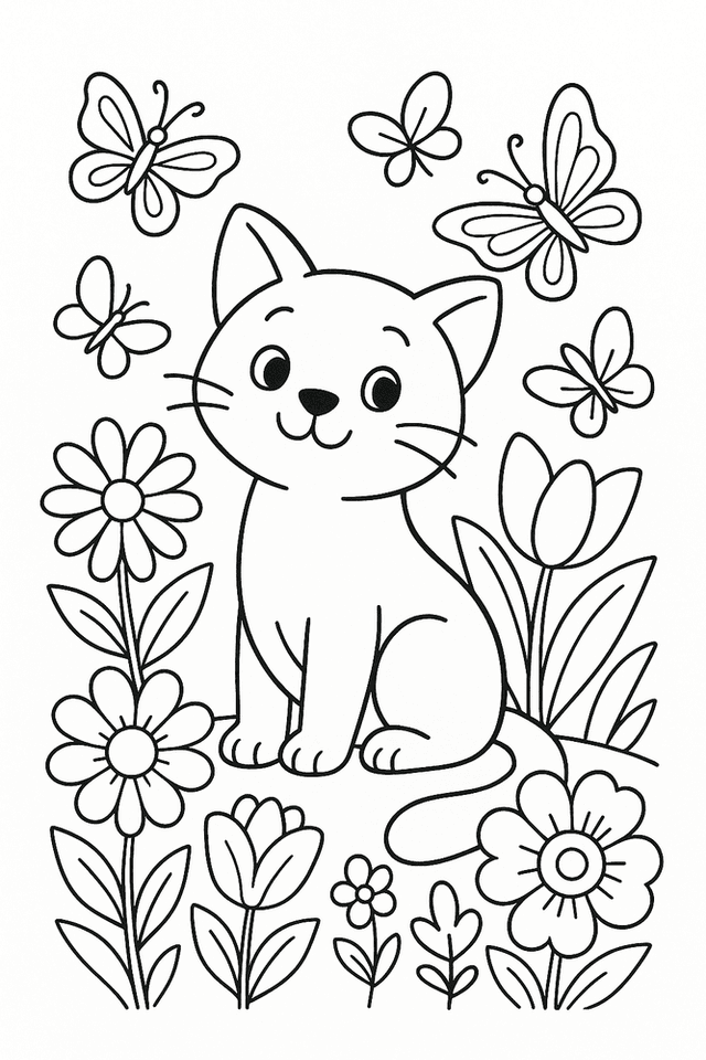 Malvorlage einer Katze zwischen Blumen und Schmetterlingen