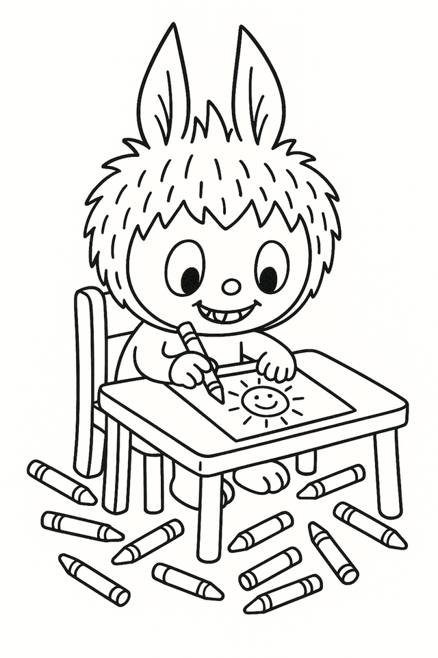Labubu sitzt am Tisch und malt ein Bild, umgeben von Buntstiften als Ausmalbild für Kinder.