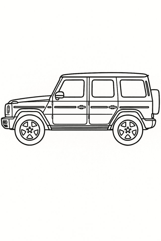 Ausmalbild eines Mercedes G Klasse Geländewagens – kinderfreundliche Malvorlage zum Ausmalen