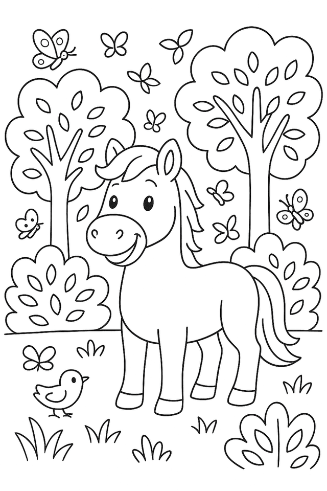 Malvorlage: Pferd steht auf einer Waldlichtung mit Bäumen und Schmetterlingen, detailliertes Ausmalbild für Kinder