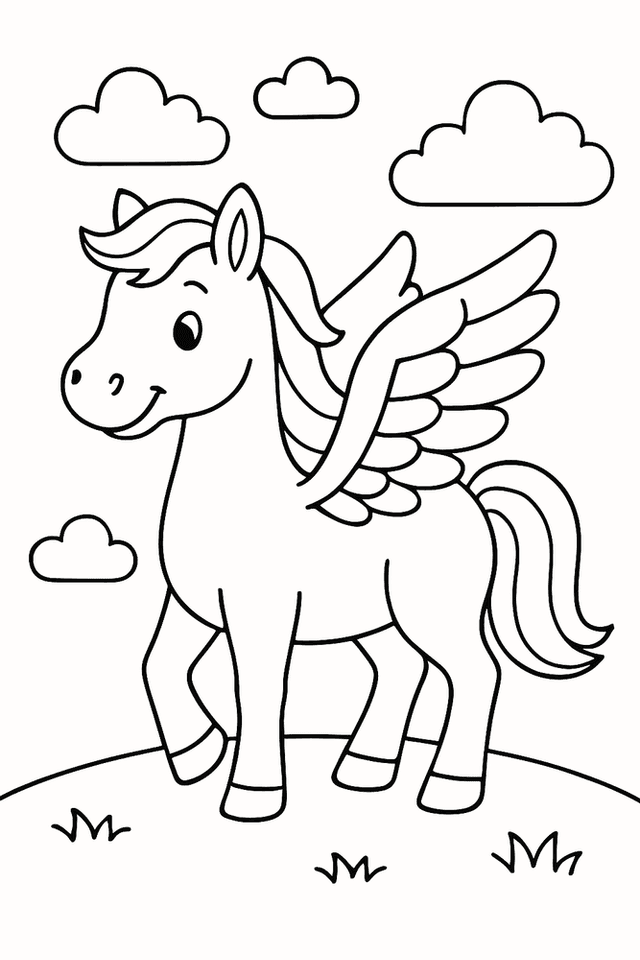 Malvorlage mit einem freundlichen Pegasus-Pferd mit großen Flügeln zum Ausmalen für Kinder