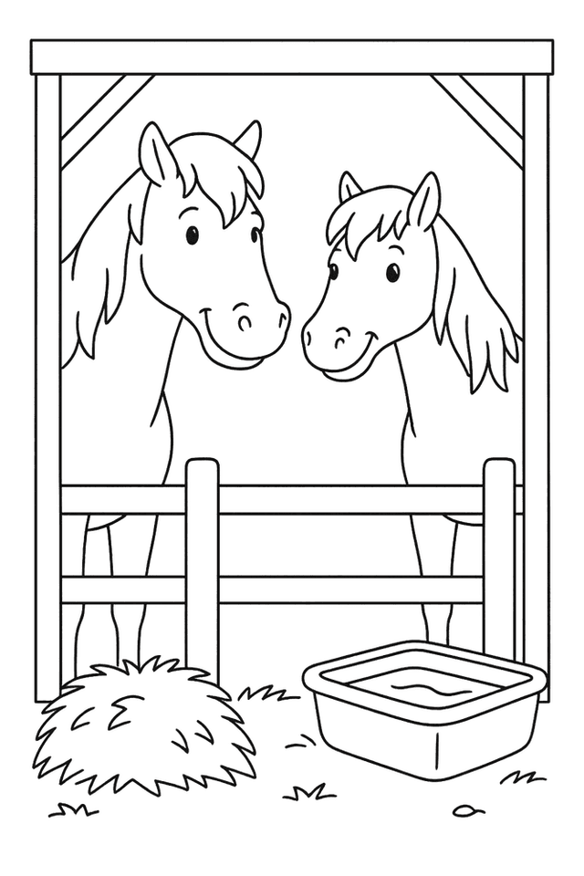 Malvorlage: Amadeus und Sabrina stehen zusammen im Stall, umgeben von Heu und Detail-Elementen für Kinder zum Ausmalen.