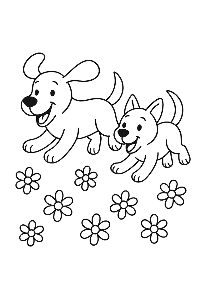 Ausmalbild: Zwei Hunde tollen über eine Wiese