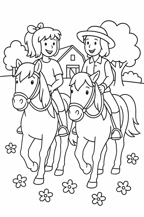 Bibi und Tina reiten nebeneinander auf ihren Pferden über eine Wiese, bereit als Malvorlage zum Ausmalen.