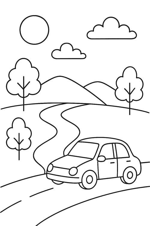 Ausmalbild: Cartoon-Auto fährt auf einer kurvigen Straße durch Landschaft