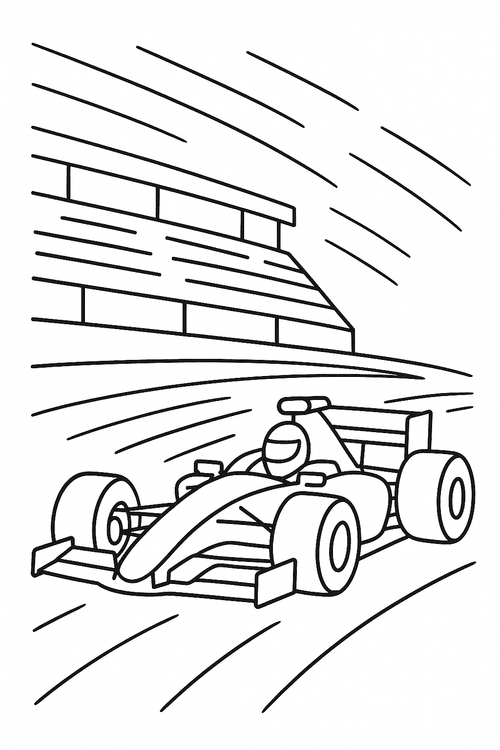 Formel-1-Auto auf Rennstrecke in Monza als Ausmalbild für Kinder