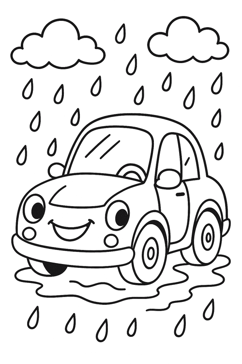 Malvorlage: Auto im Regen mit großen Tropfen und fröhlichem Gesicht, klare Linien, ideal für Kinder