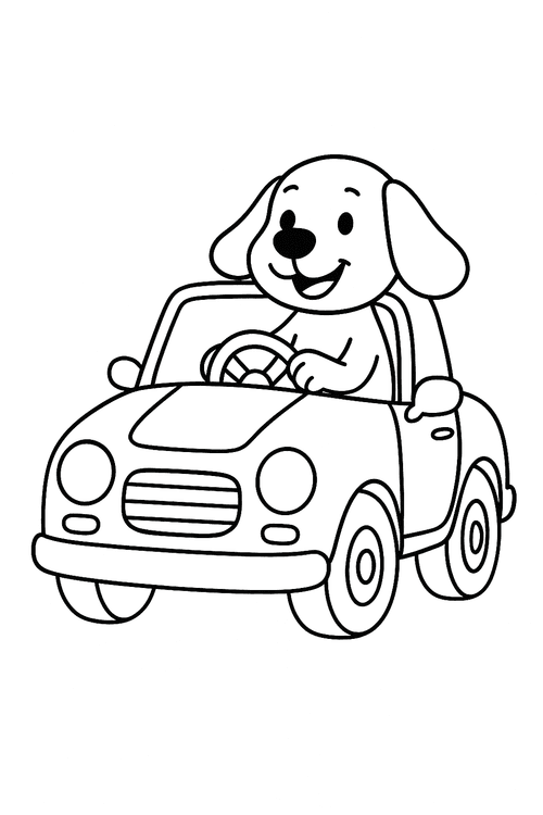 Ausmalbild: Auto mit Hund als Fahrer hinter dem Steuer, kindgerecht gezeichnet