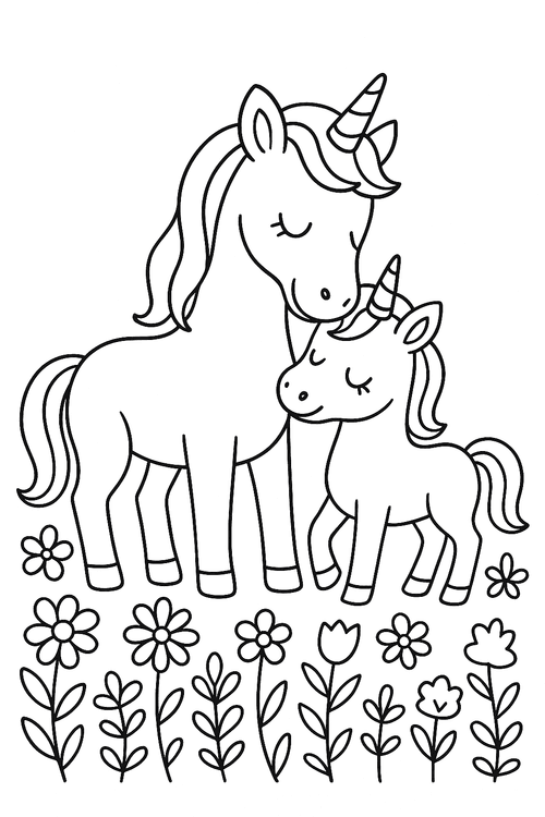 Ausmalbild mit einem Baby-Einhorn und seiner Mutter auf einer Blumenwiese, zum Ausmalen für Kinder