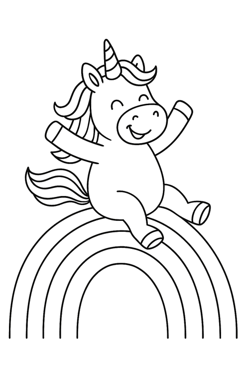 Einhorn rutscht lachend auf einem Regenbogen – Ausmalbild für Kinder