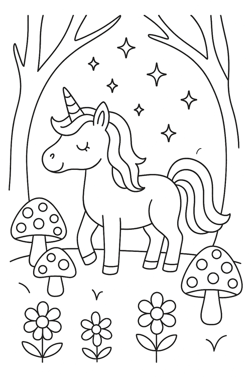 Ausmalbild Einhorn im Zauberwald – Malvorlage für Kinder mit Bäumen, Pilzen und Blumen