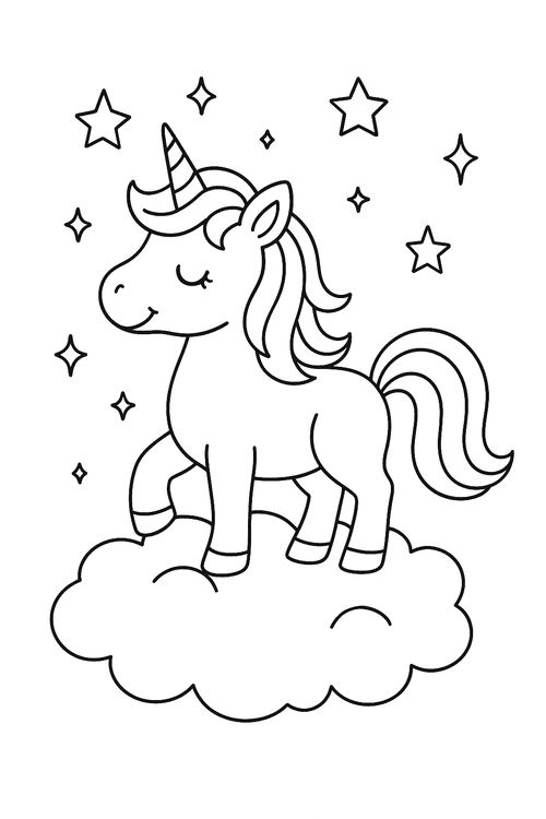 Einhorn auf einer Wolke im Sternenhimmel als Ausmalbild für Kinder