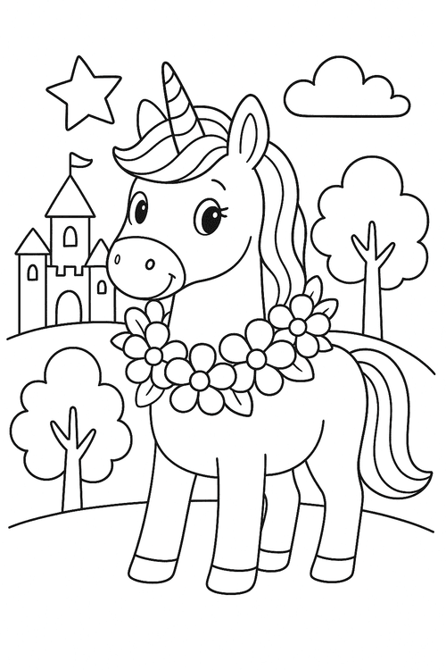 Malvorlage Einhorn mit Blumenkranz – ein freundliches Einhorn mit Blumen um den Hals als Ausmalbild für Kinder.
