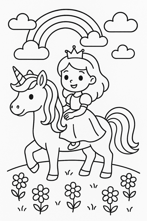 Malvorlage: Einhorn mit Prinzessin auf einer Blumenwiese