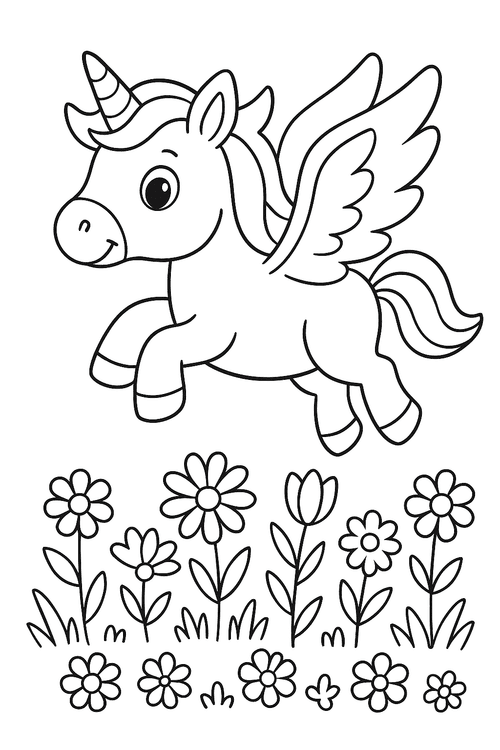 Ausmalbild: Einhorn mit Flügeln fliegt über Blumenwiese – kinderfreundliche Malvorlage