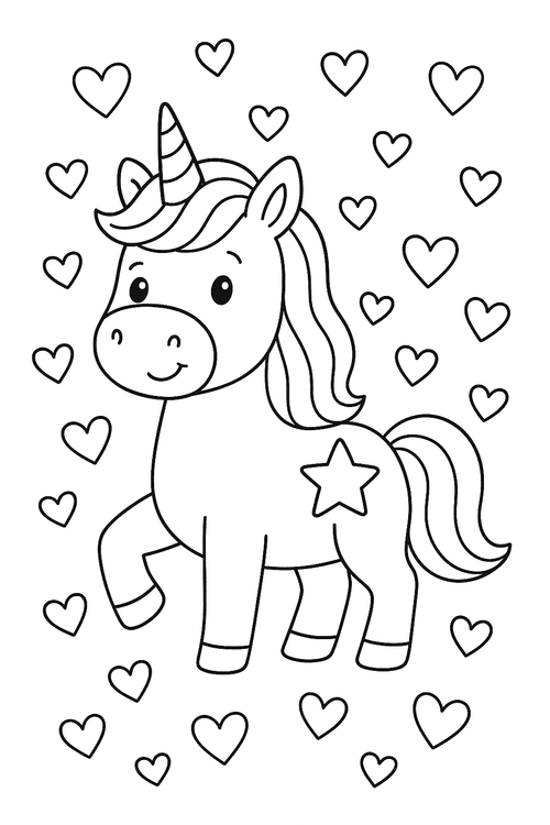 Einhorn mit Herzchen als Ausmalbild in einfachem Cartoonstil