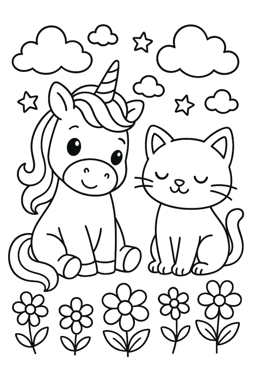 Ausmalbild: Einhorn sitzt mit Katze auf einer Wiese, umgeben von Blumen und Sternen, kindgerechte Malvorlage