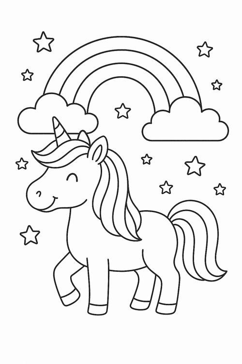 Ausmalbild Einhorn mit Regenbogen, kindgerechte Malvorlage, fröhliches Einhorn unter einem Regenbogen, mit Wolken und Sternen im Hintergrund.