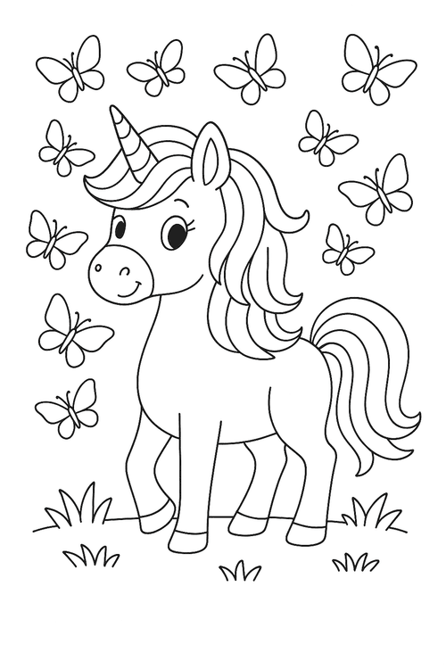 Ausmalbild: Einhorn mit Schmetterlingen im Garten, umgeben von Blumen und Gräsern, im Cartoon-Stil gezeichnet.