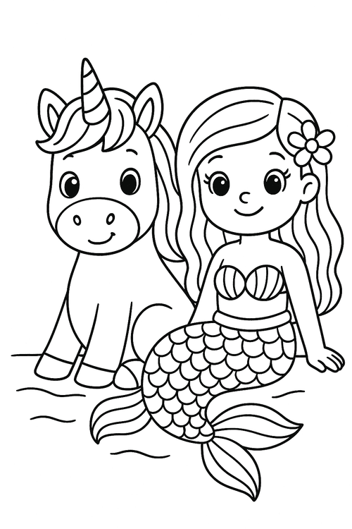 Einhorn und Meerjungfrau als Malvorlage für Kinder – sitzen zusammen am Wasser