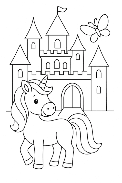 Ausmalbild: Ein Einhorn steht vor einem Schloss mit Türmen und einer Zugbrücke, kindgerecht gezeichnet.