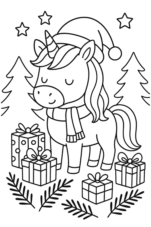 Einhorn zu Weihnachten als Ausmalbild im verschneiten Wald mit Geschenken und Sternen