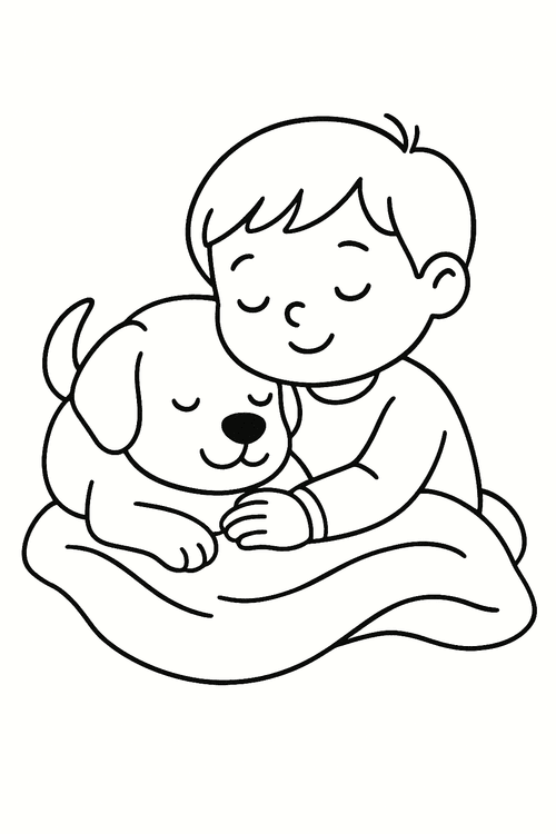 Malvorlage: Hund kuschelt mit Kind auf einer Decke – Ausmalbild für Kinder