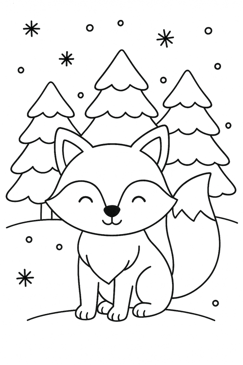 Ausmalbild: Fuchs im Winter, stehend im Schnee mit Tannen und fallenden Schneeflocken