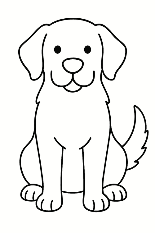 Ausmalbild: Sitzeneder Golden Retriever zum Ausmalen für Kinder, freundlicher Ausdruck, einfache Linienzeichnung.