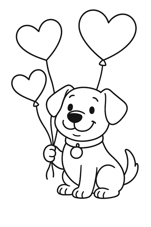 Ausmalbild: Herzlicher Hund mit Herzluftballons – detaillierte Malvorlage für Kinder